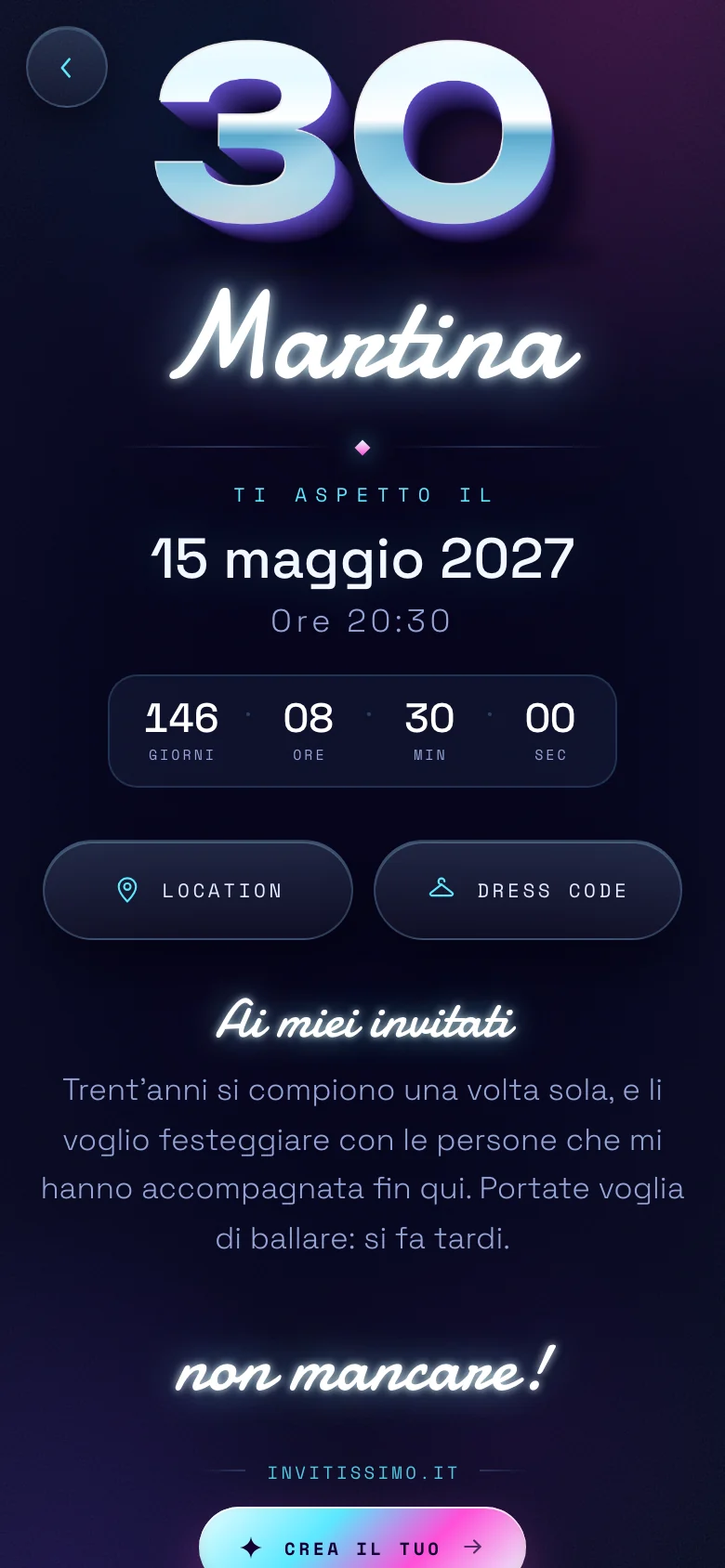 Invito digitale animato per un compleanno, tema Neon: la pagina aperta sul telefono, coi nomi, la data e il conto alla rovescia.