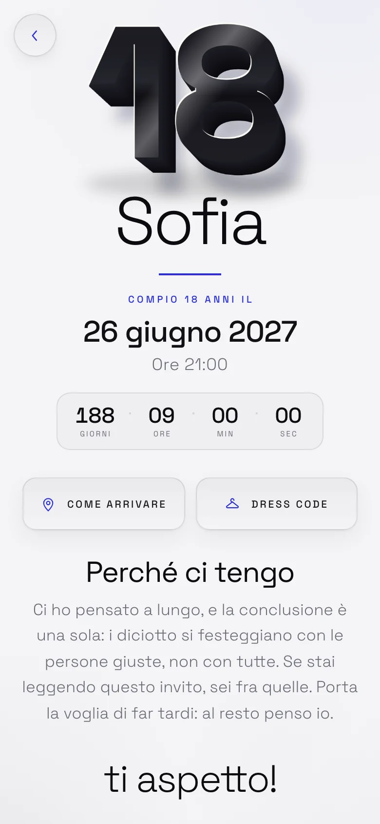 Invito digitale animato per un diciottesimo, tema Minimal: la pagina aperta sul telefono, coi nomi, la data e il conto alla rovescia.